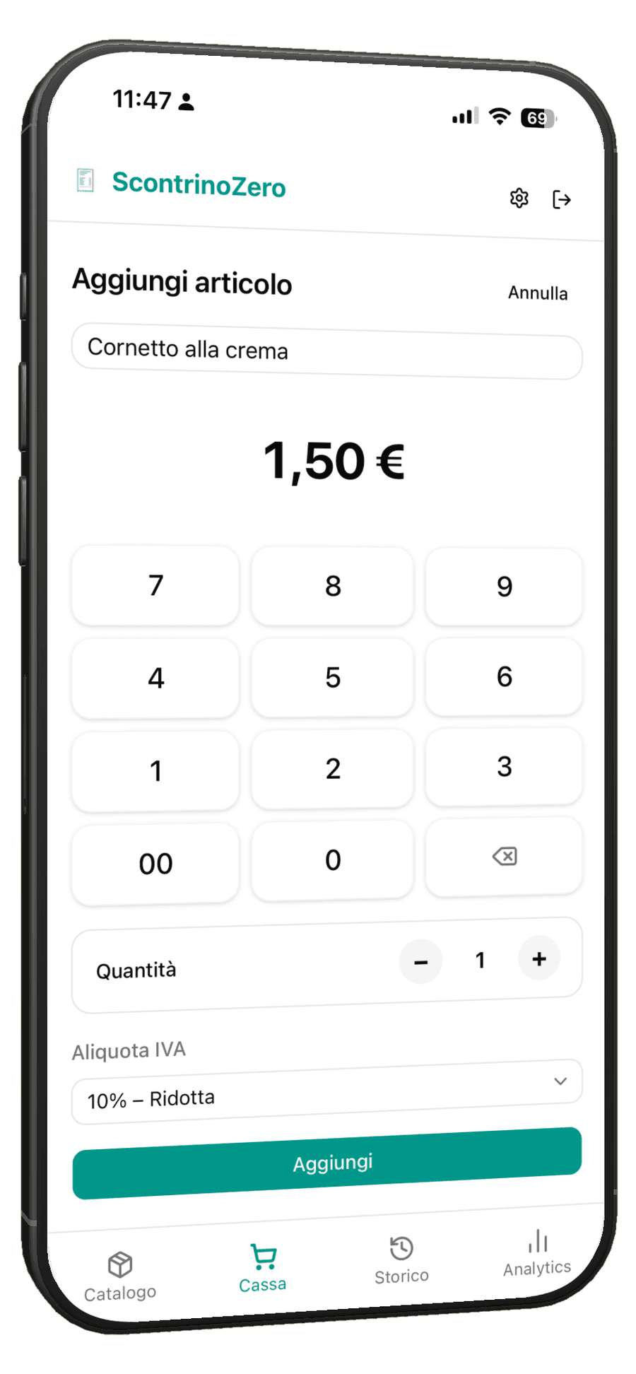 Schermata Cassa di ScontrinoZero: tastierino per inserire l'importo di un articolo