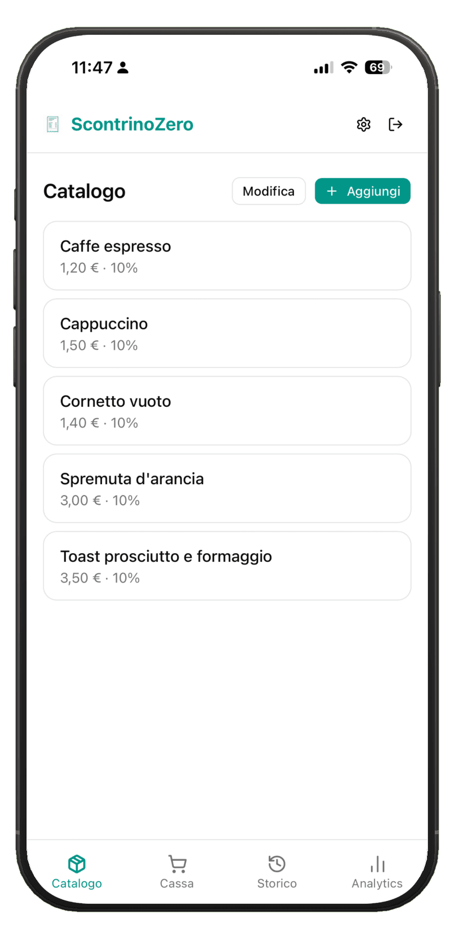 Schermata Catalogo di ScontrinoZero con l'elenco dei prodotti e le relative aliquote IVA