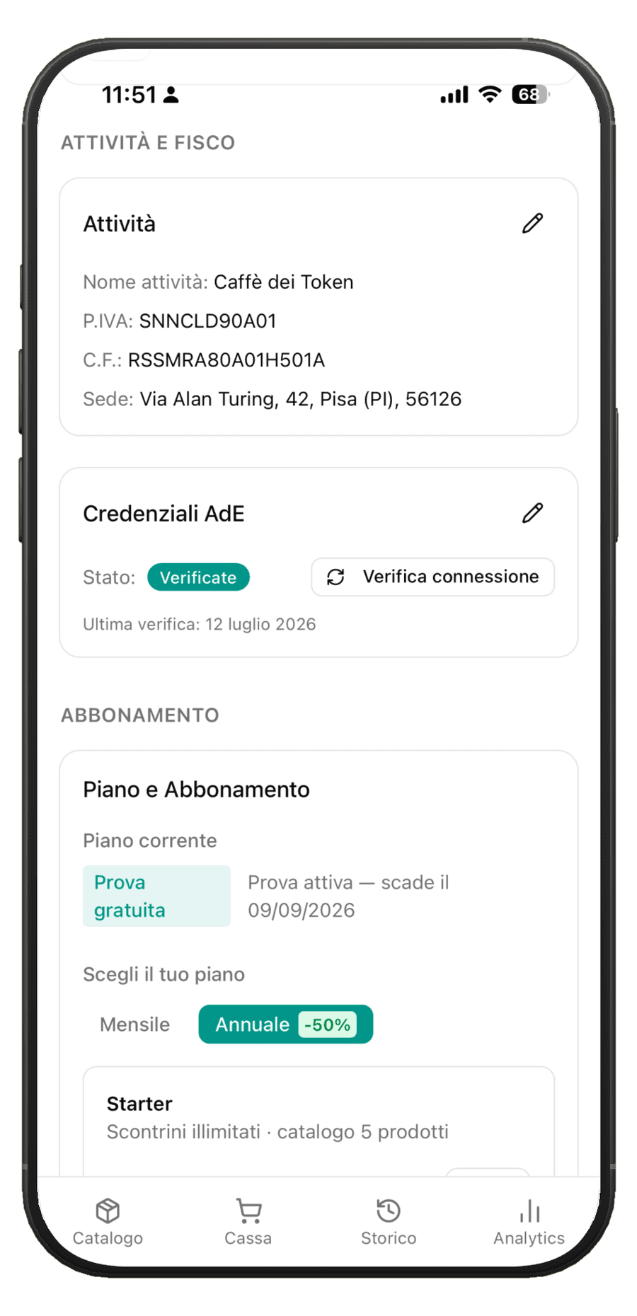 Schermata impostazioni: dati dell'attività e stato delle credenziali AdE verificate
