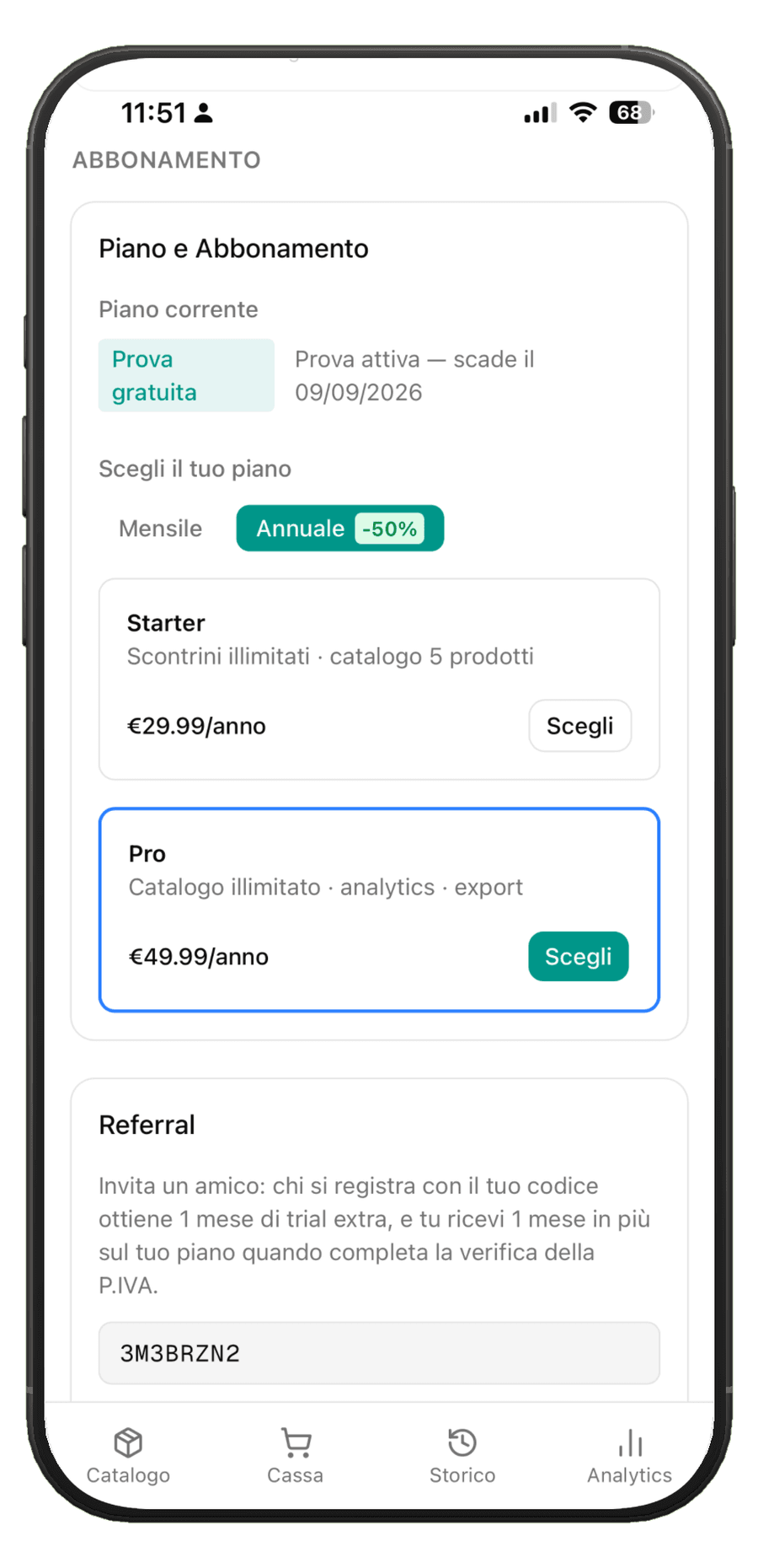 Schermata Impostazioni con i piani Starter e Pro e i relativi prezzi