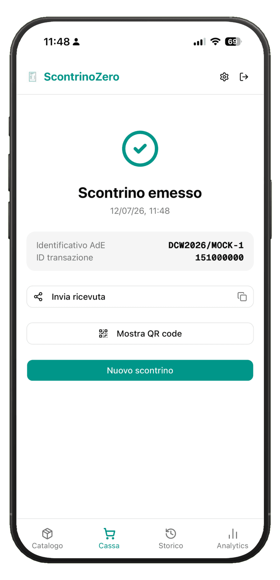 Schermata di conferma: scontrino elettronico emesso con identificativo dell'Agenzia delle Entrate