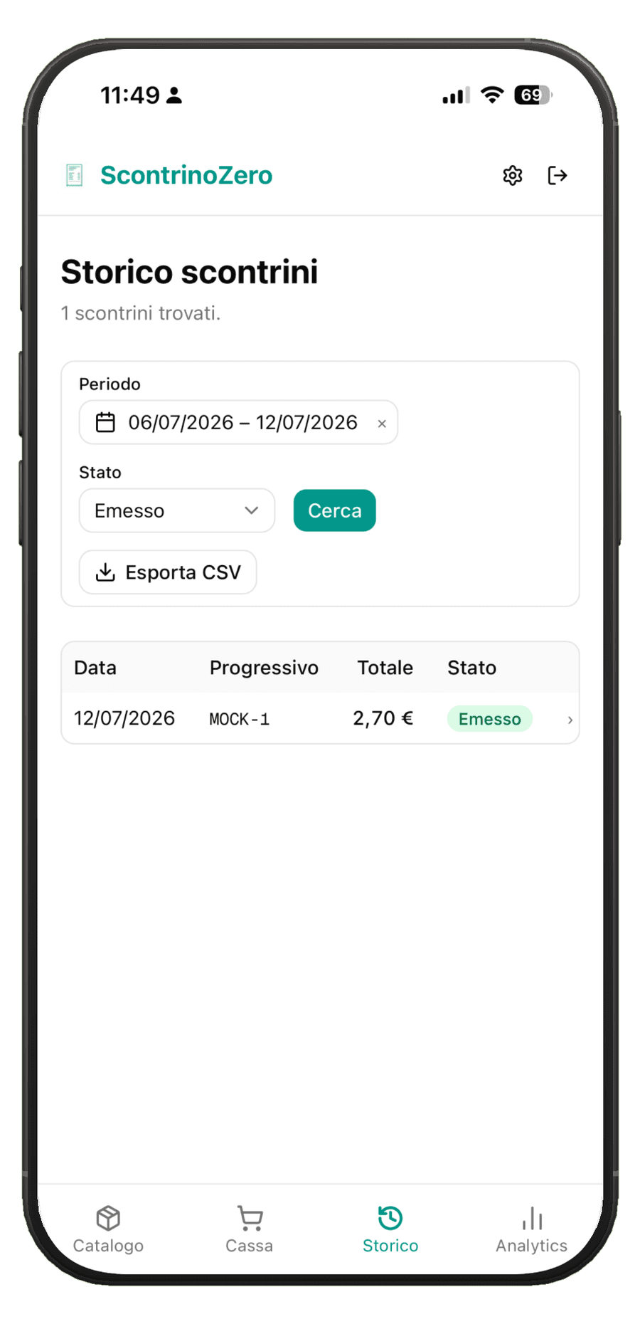 Schermata Storico di ScontrinoZero con la lista degli scontrini, i filtri per periodo e il pulsante Esporta CSV
