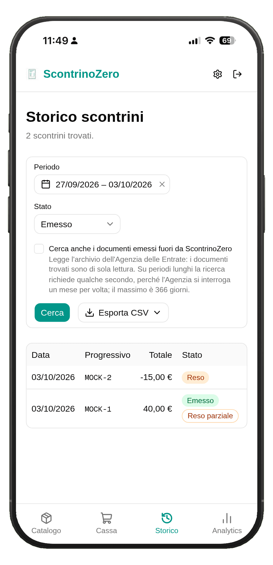 Storico di ScontrinoZero con la riga del reso a -15,00 euro e badge Reso, e sotto la vendita da 40,00 euro con i badge Emesso e Reso parziale