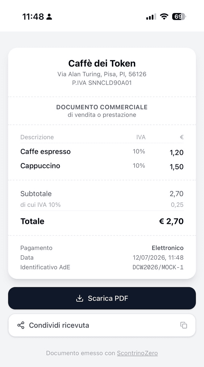 Documento commerciale con l'identificativo AdE e i dati dello scontrino