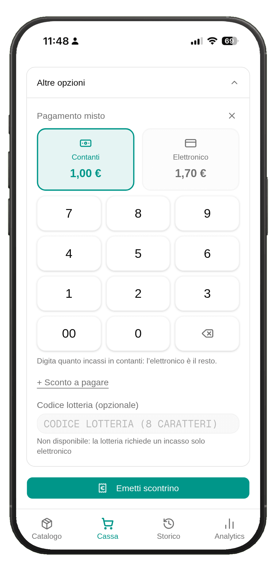 Riepilogo scontrino con il pannello Altre opzioni aperto: pagamento misto con 1,00 € in contanti e 1,70 € in elettronico, il tastierino per la quota e il campo codice lotteria disattivato