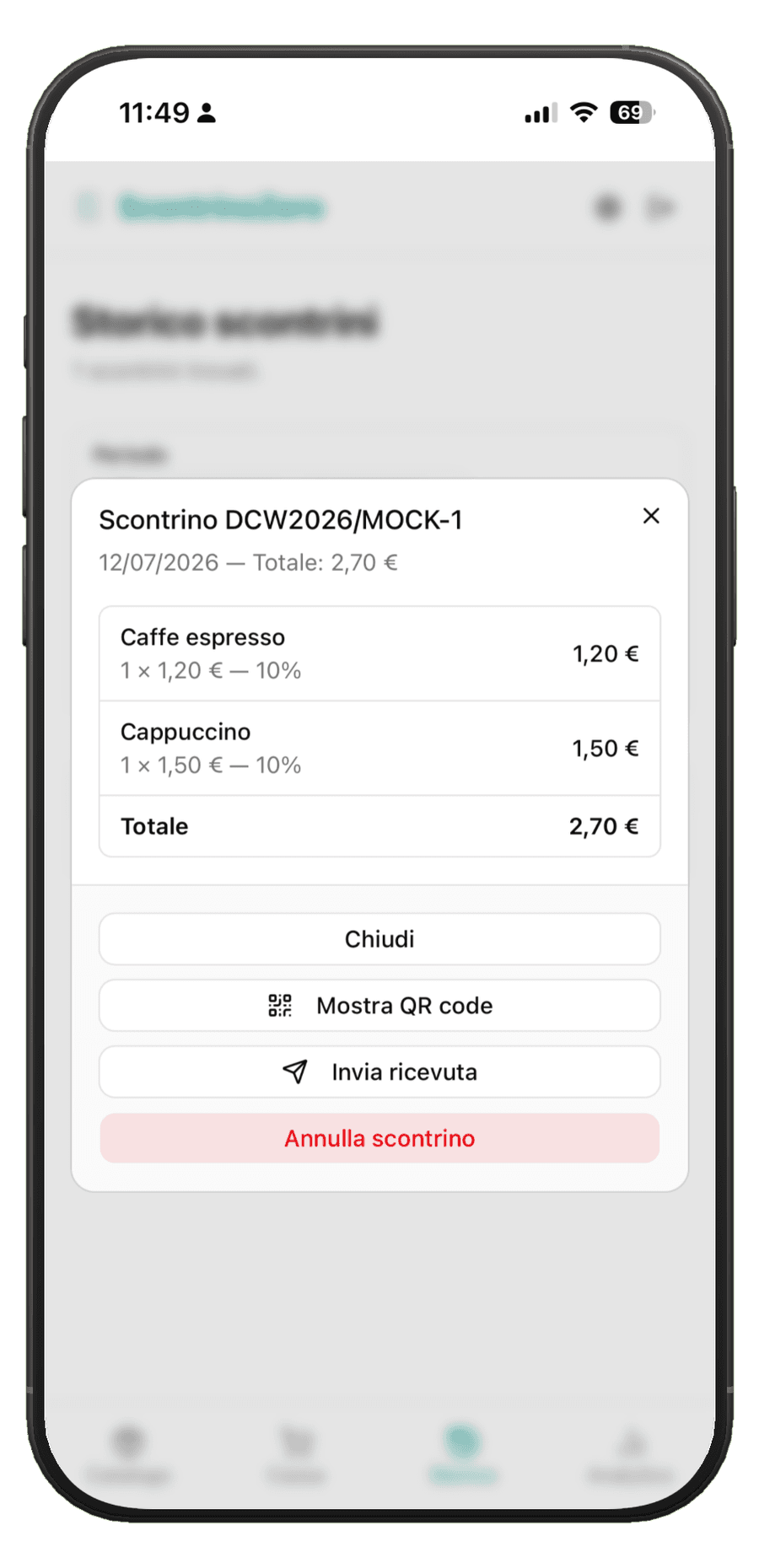 Finestra di dettaglio di uno scontrino con le righe, il totale e i pulsanti Mostra QR code, Invia ricevuta e Annulla scontrino